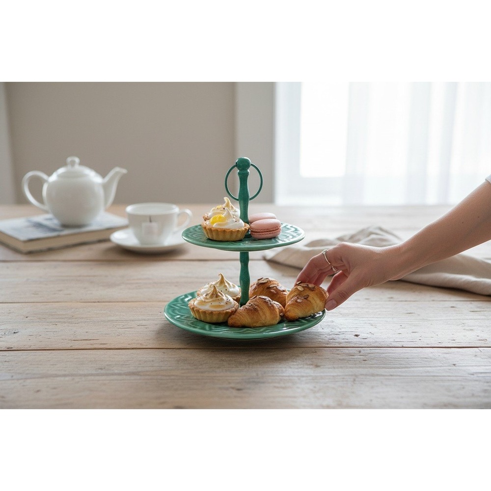 Marshalls 2 Tier Serving Stand Teal Green Ceramic Embossed Zigzag Brand New
